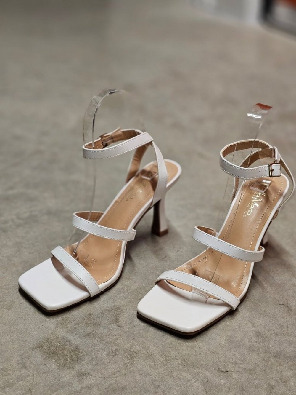 Strappy White High Heel Sandals With Square Toe & Adjustable Buckle Strap - Bell